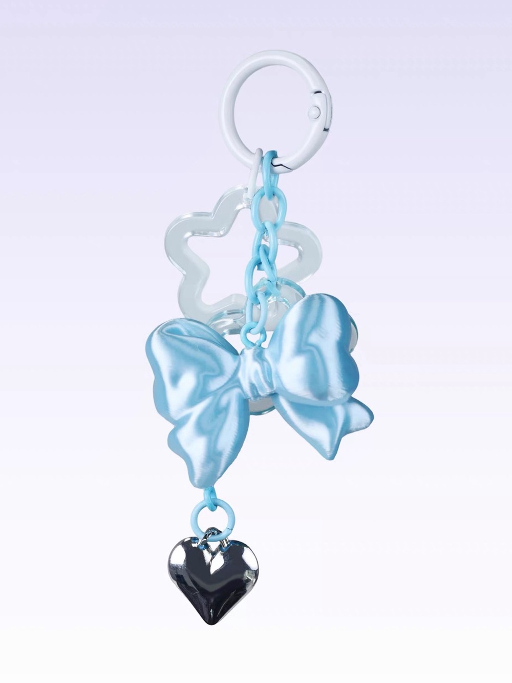 BABY BLUE 3D Printed Bow Bag Charm Keychain with Silver Heart